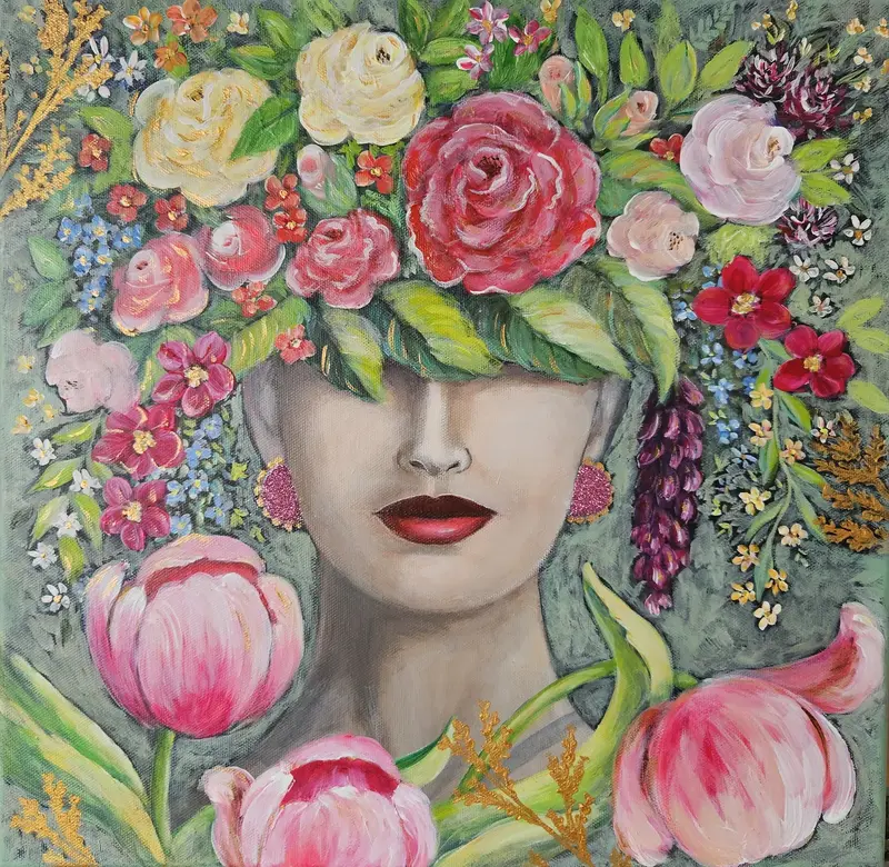 Akrylmålning Hon har blommor i sitt hår av Tove Landberg