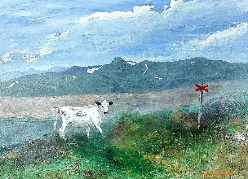 Akrylmålning Fjällko vid Sylmassivet av Bernt Källström