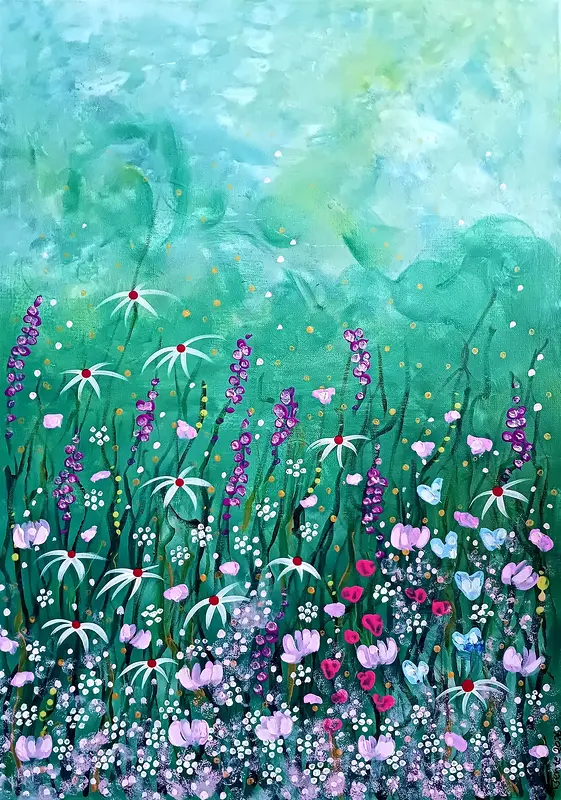 Akrylmålning Dansande blommor av Bente Mellquist Danielson