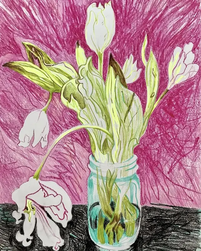Five tulips in a mason jar av Li Loomis