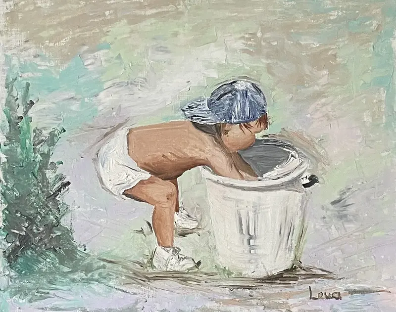 Oljemålning Vattenlek av Lena Hallman