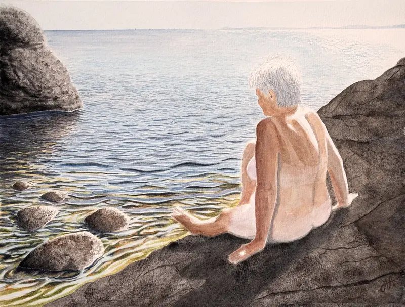 Akvarell På en solvarm klippa på Oxnö av Jerker Idestam-Almquist