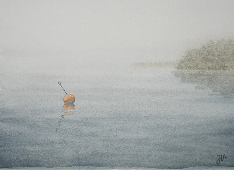 Akvarell Gålö höljd i dimma av Jerker Idestam-Almquist