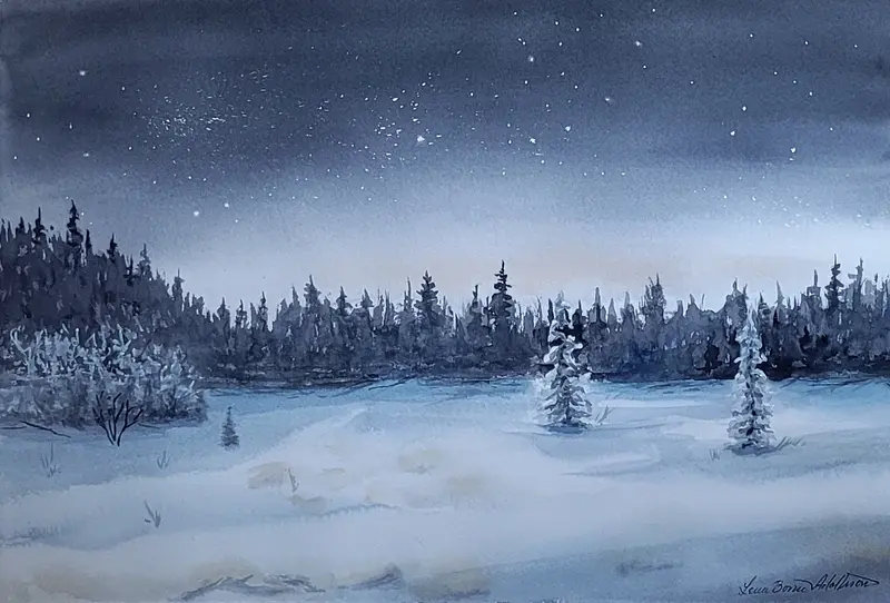 Akvarell Stjärnklar himmel över vinterlandskap av Lena Bovin Adolfsson