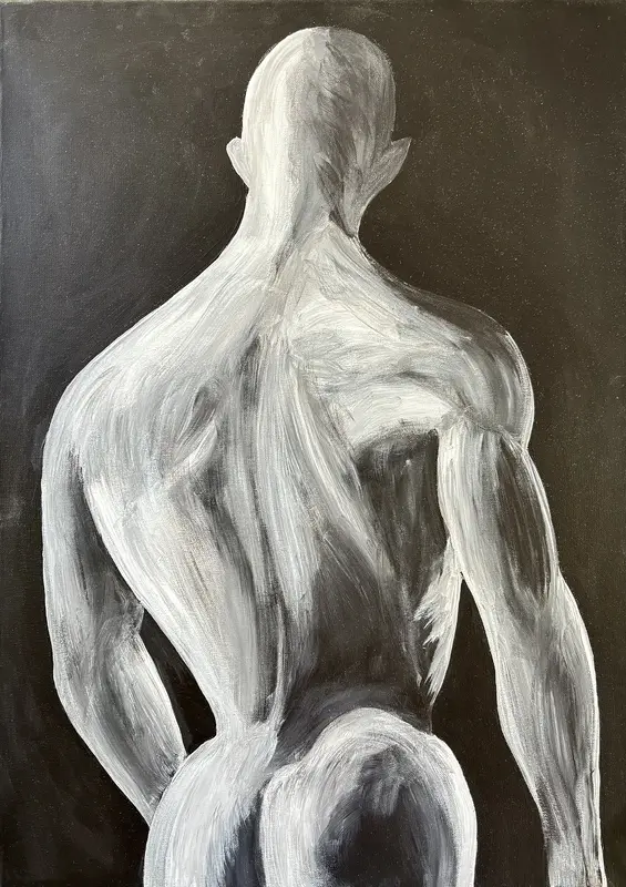 Akrylmålning Styrkelyftarens rygg av Per Forsberg