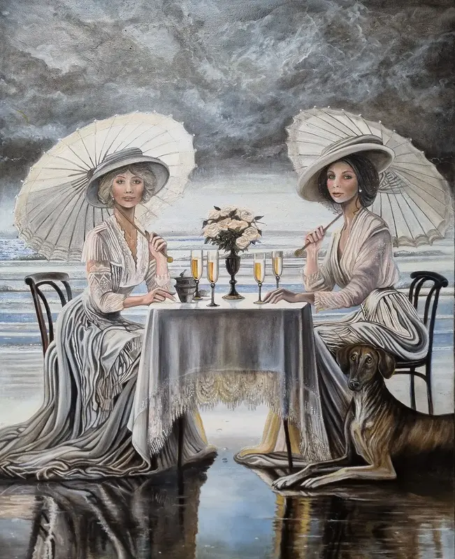 Oljemålning Strandmöte i Villa Rosa av Bibi Pålenäs