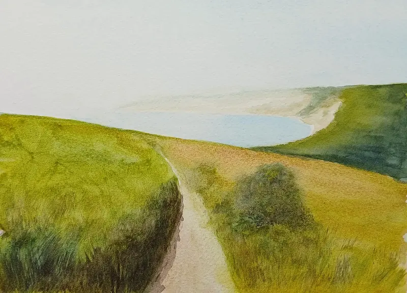 Akvarell Böljande kullar vid Dorsets kust av Jerker Idestam-Almquist
