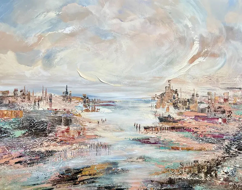 Akrylmålning BETWEEN TWO SHORE av Anne-lee Andersson