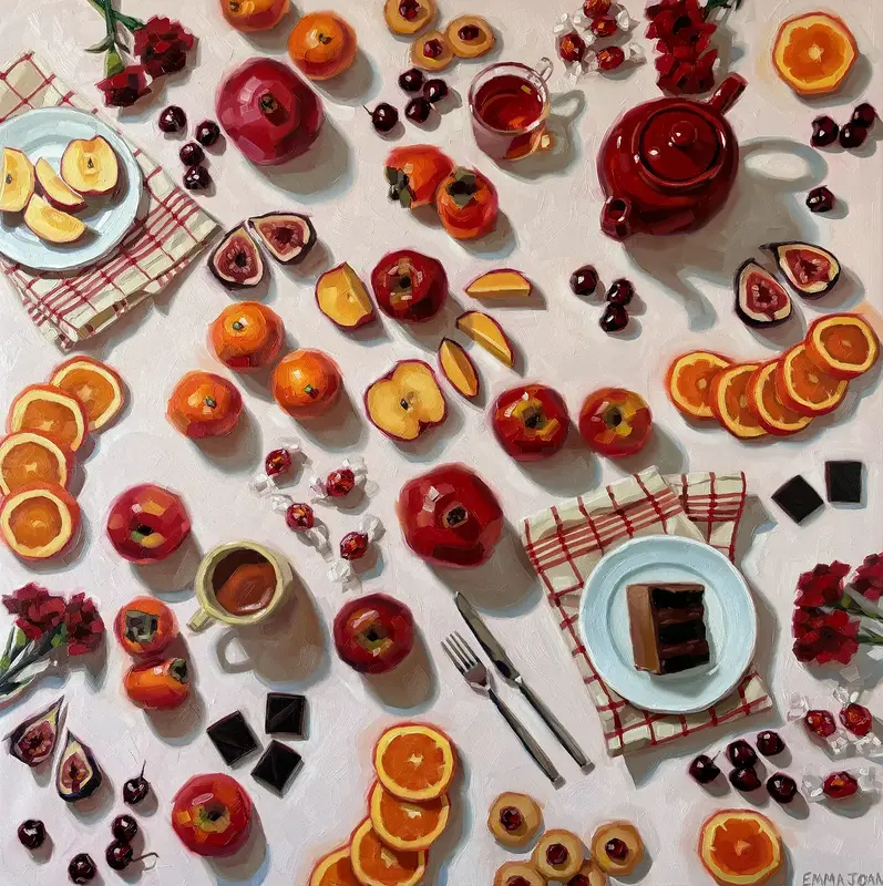 Oljemålning Cocoa and Crimson av Emma Joan