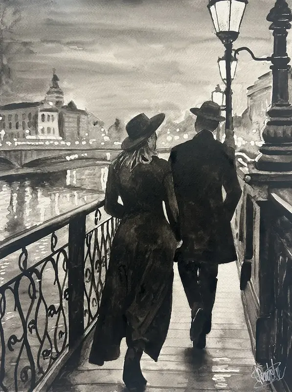 Akvarell Sakta vi går genom stan av Christian Prändel