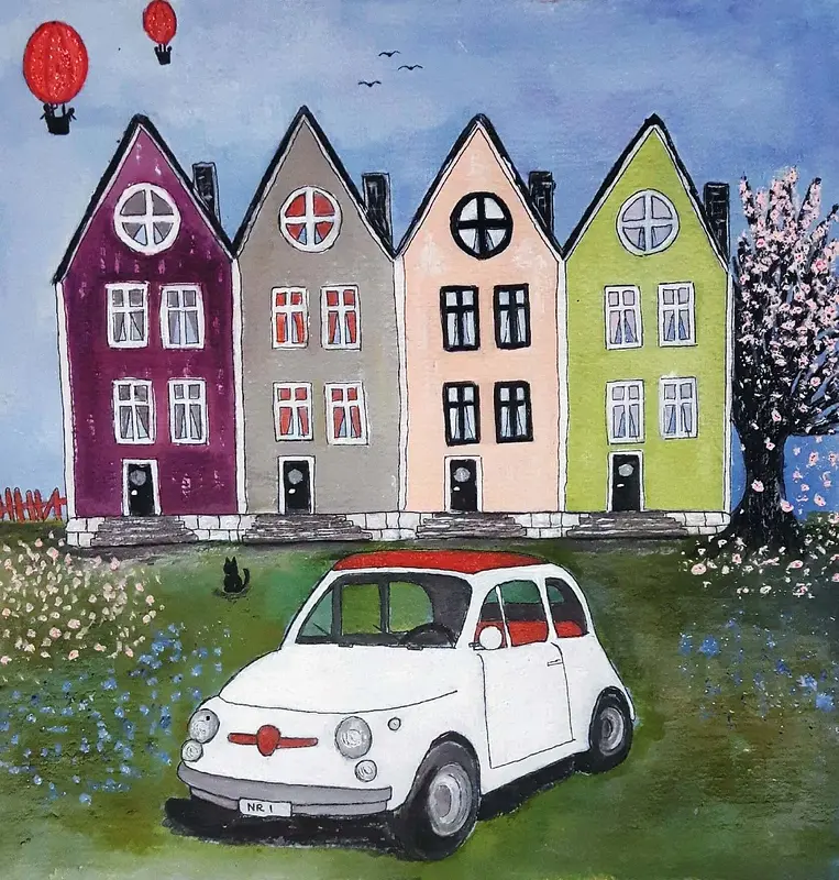 Akrylmålning Fiat 500 i vårgrönska av Rose-Marie Österström