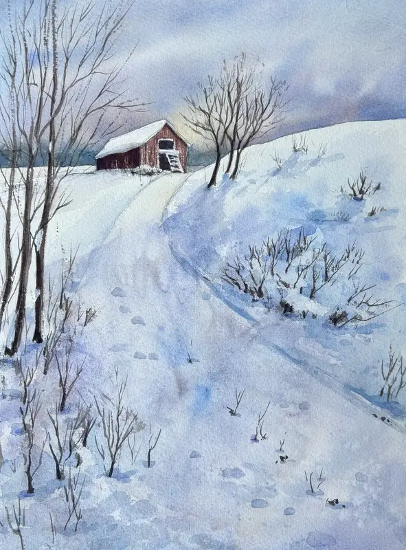 Akvarell Snötäckt lada av Anna Wolf