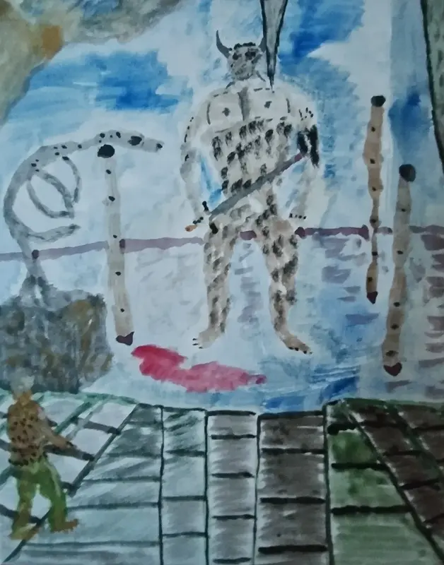 Akvarell Dvärgen Arom möter Gollgossern i Mithadels gruva av Elia Lindgren