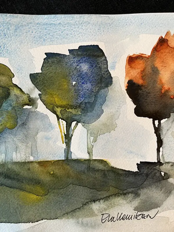 Akvarell Höstfärger i träden av Eva Henriksson