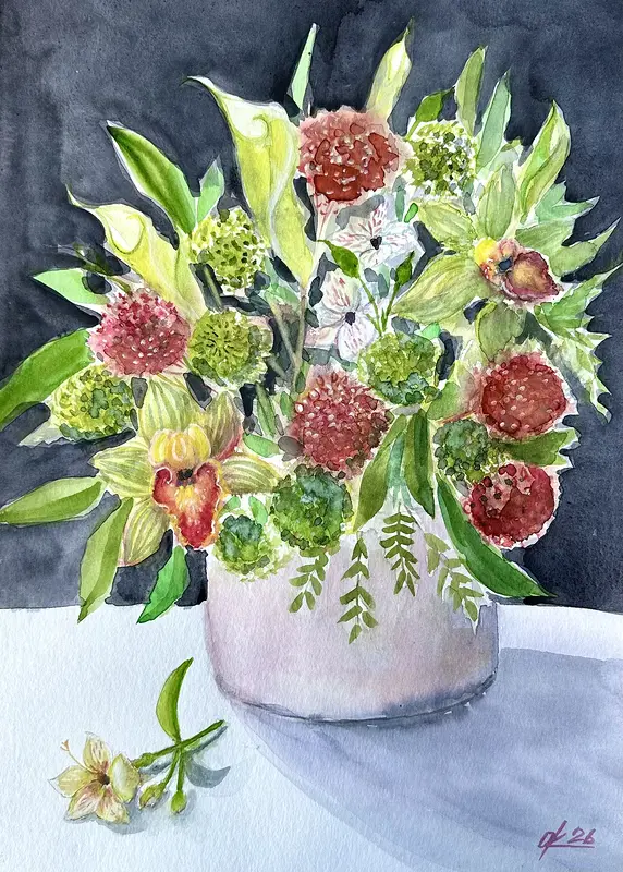 Akvarell Grattis på födelsedagen-bukett av Olga Kharyakova