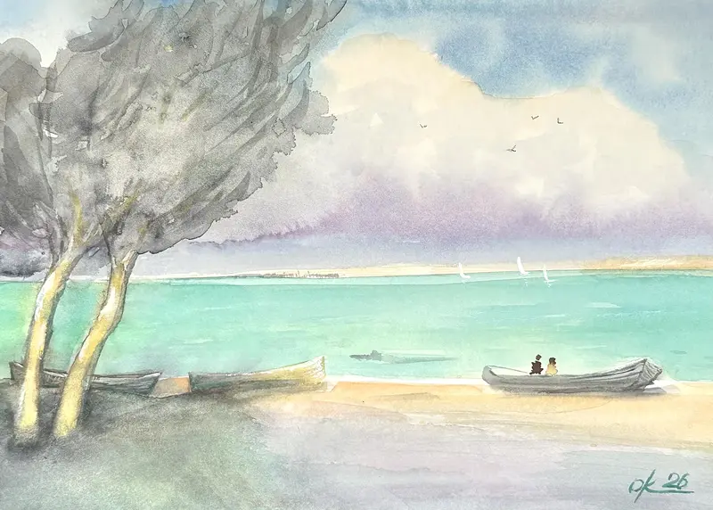 Akvarell Avlägsen strand av Olga Kharyakova