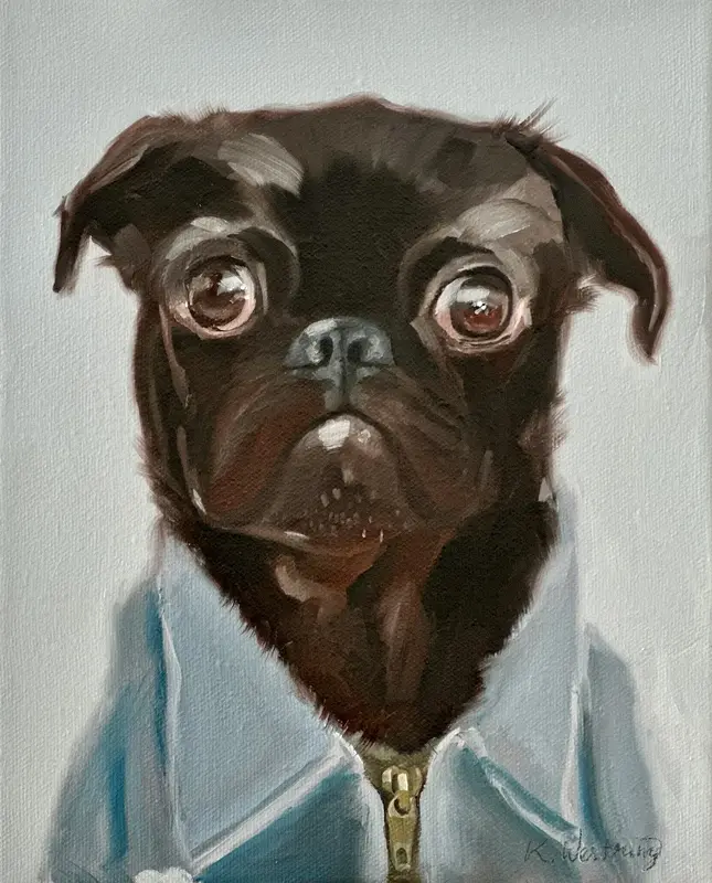 Oljemålning Porträtt av en mopsig mops av Kristina Westring