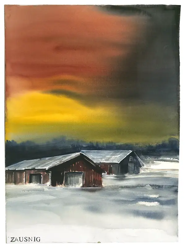 Akvarell Lador i solnedgång av Daniel Zausnig