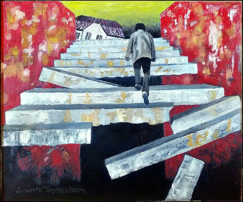 Oljemålning Snabbt uppför trapporna av Svante Trottestam
