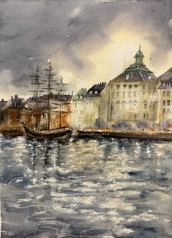 Akvarell Skeppsbron i Gamla stan av Katarina Blomberg