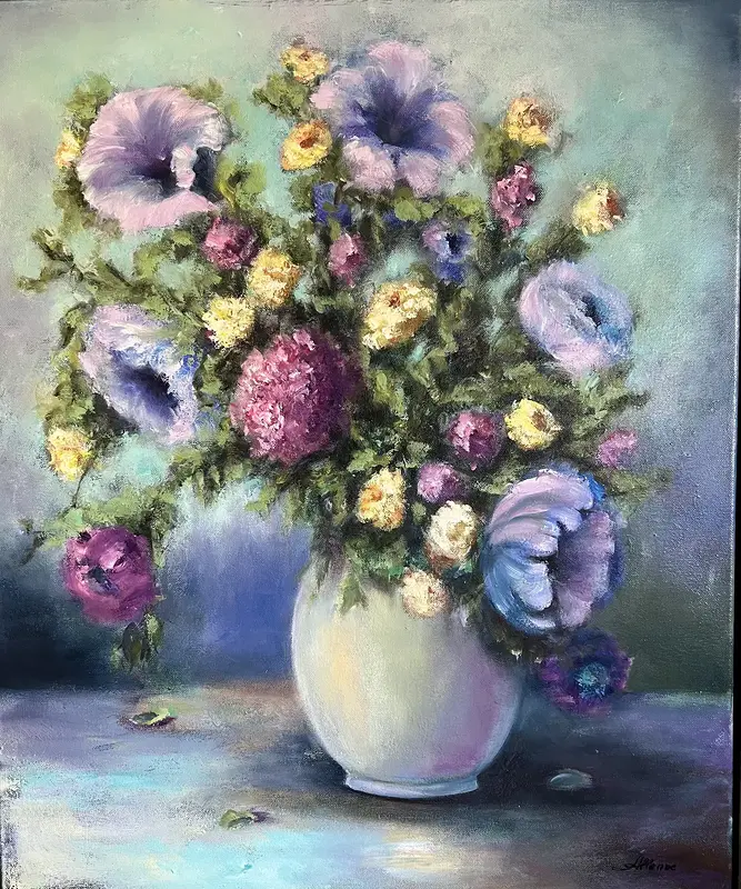 Oljemålning Blommor i turkos av Anzhelika Henne