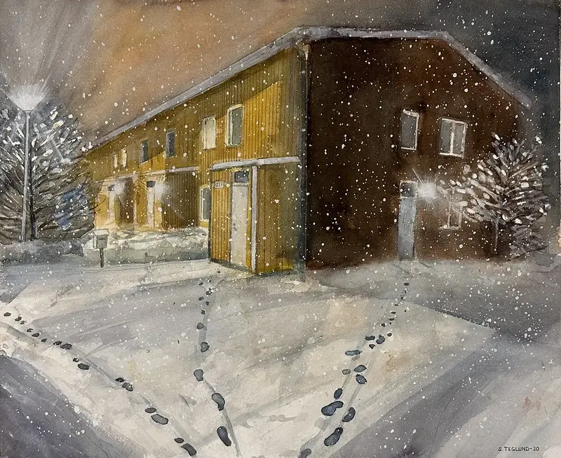 Akvarell Fotspår i snön av Sven Teglund