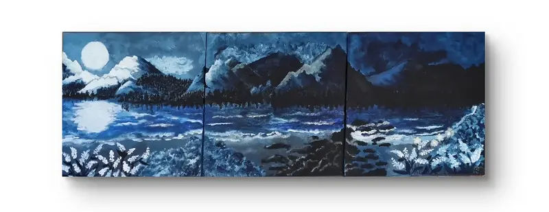 Akrylmålning Moonlight over blue mountains av Rebecca Berglund