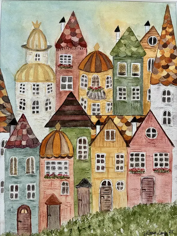 Akvarell Kyrkbyn på backen av Maria Lang