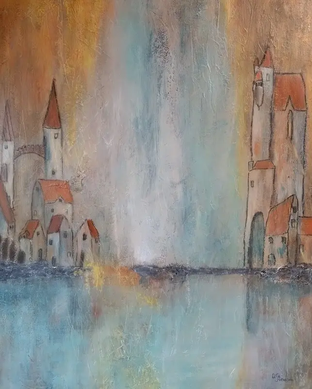 Akrylmålning Little village av Lisa Svensson