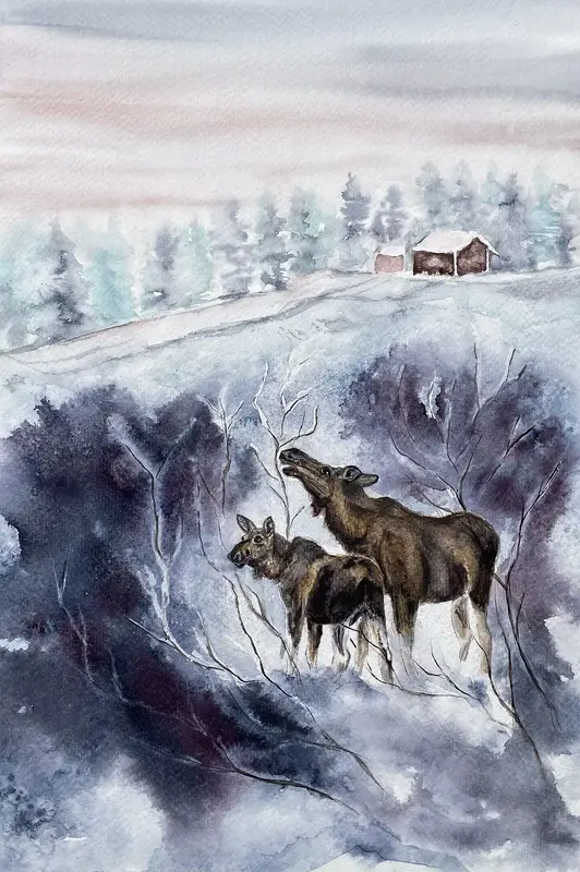 Akvarell Stilla vinterliv I av Lilly Nordström