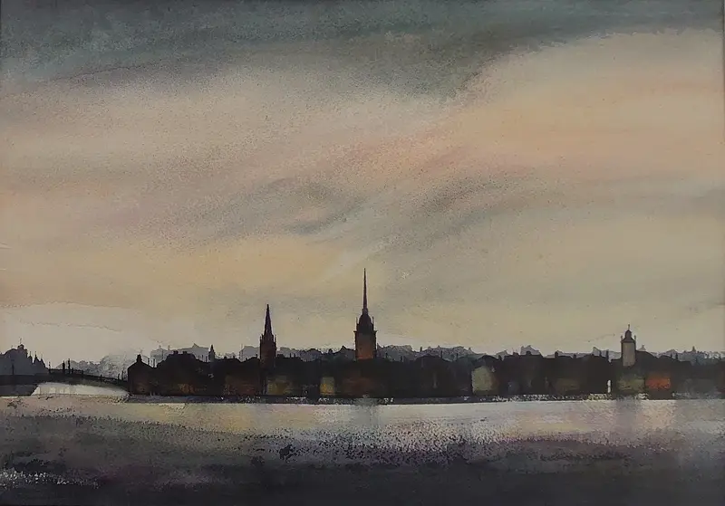 Akvarell Skymning över stan av Eva Högberg
