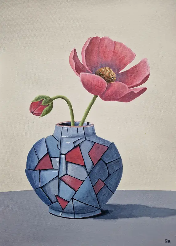 Akrylmålning Skärvor och blomster av Susanne Hagemark