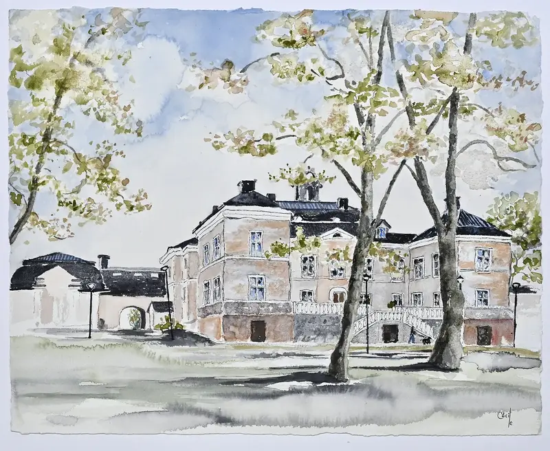 Akvarell Näsby Slott, Vår av Cécile Hansson