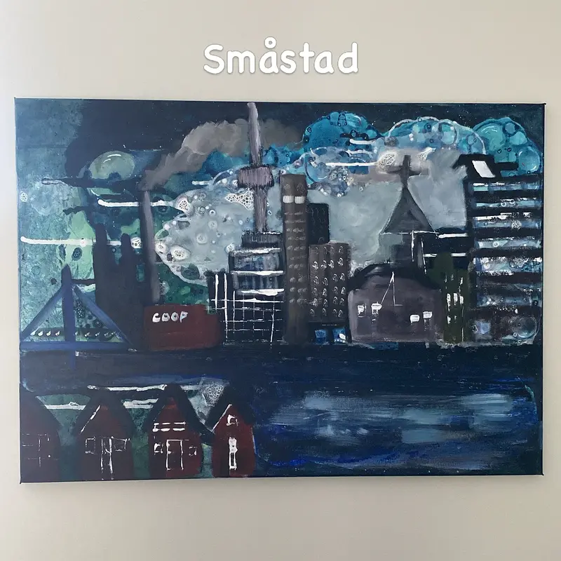 Akrylmålning Småstad av Sara Edfast