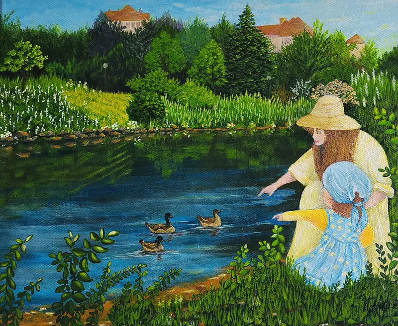 Akrylmålning Malmö, Lilla Dammen i Pildammsparken av Alicja Placinska Tapia