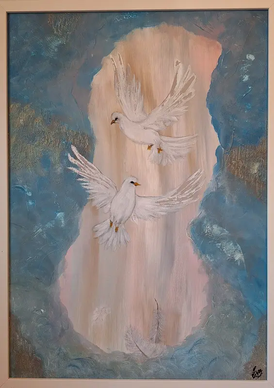 Akrylmålning Les Colombes de la Paix av Eva Månsson