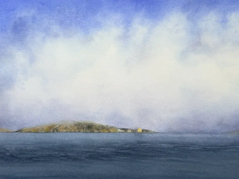 Akvarell Holmen i havet av Jeanette Malmberg