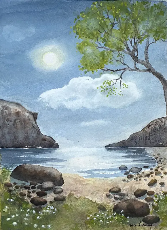 Akvarell Sol hav och moln av Ulla Lidman