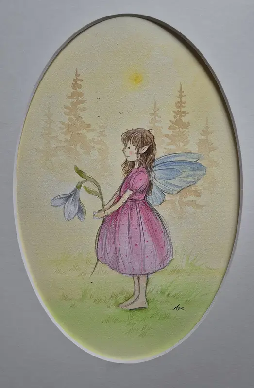 Akvarell Vårälva med snödroppe av Anna Komstadius