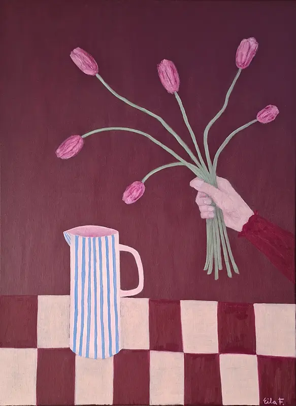 Oljemålning Tulpaner i blå vas av Eila Fredriksson