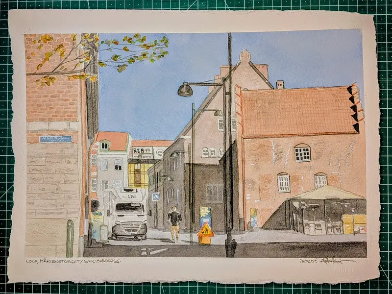 Akvarell Lund Mårtenstorget/Svartbrödersgatan av Pär Håkan Henriksson