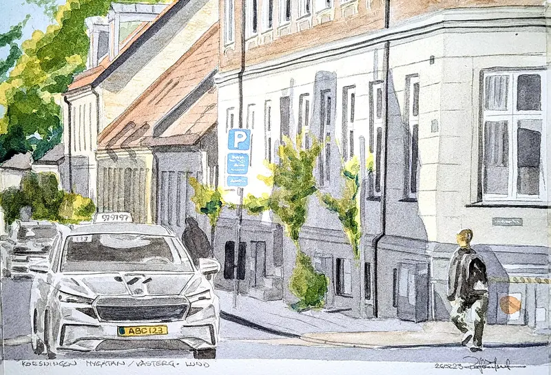 Akvarell Korsningen Nygatan/Västergatan i Lund, 260223 av Pär Håkan Henriksson