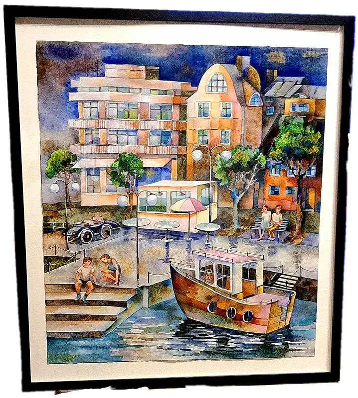 Akvarell Vid kajen av Natalia Johansson