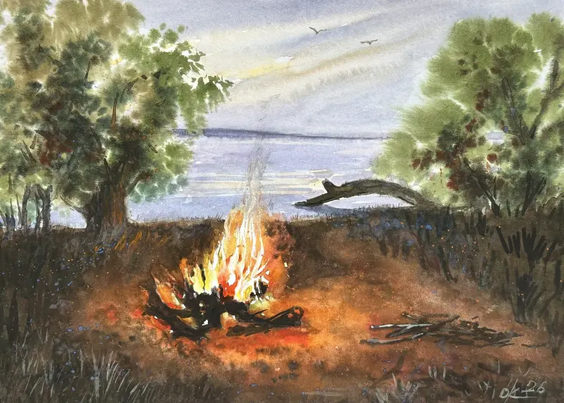 Akvarell Kvällsbrasa vid floden. av Olga Kharyakova