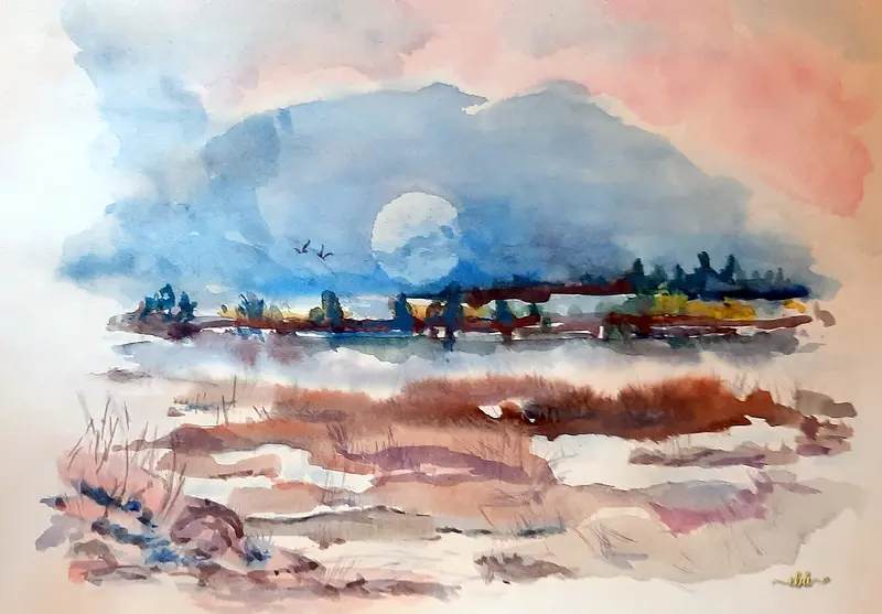 Akvarell Moon rising av Elaine Berger Åsman