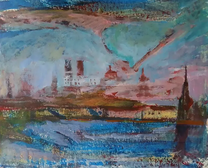 Akrylmålning Mammas utsikt; Norrmälarstrand av Lena Sandberg