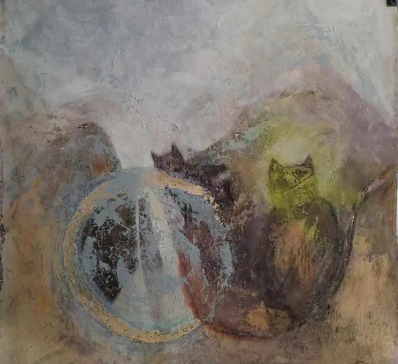 Akrylmålning Lyras katter av Ritva Göransson