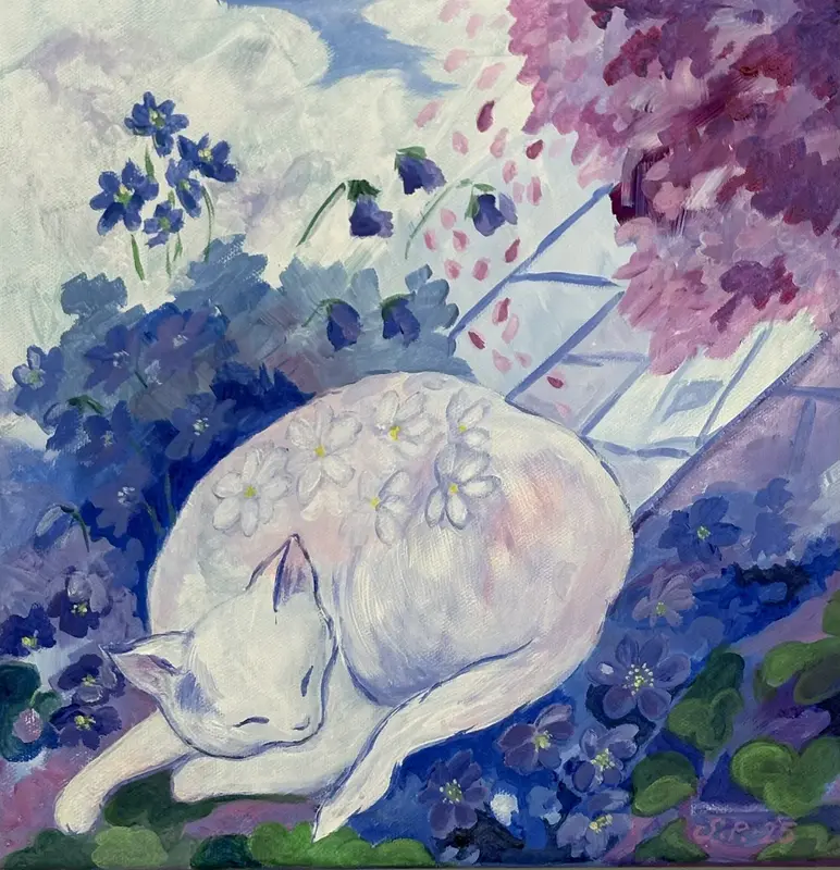 Akrylmålning Vitsippa bland blåsippor av Susanna Prestor