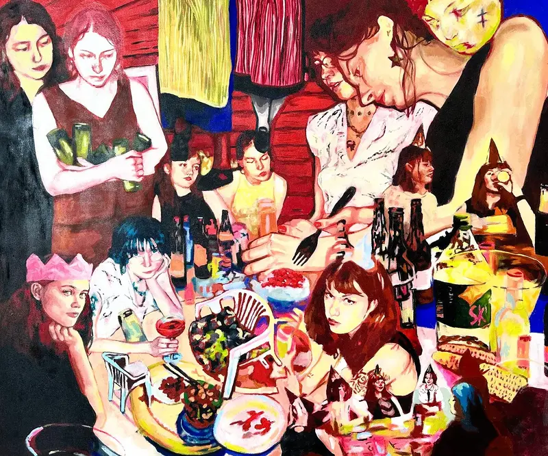 Akrylmålning Kalas i det tredje rummet av Tindra Ferner