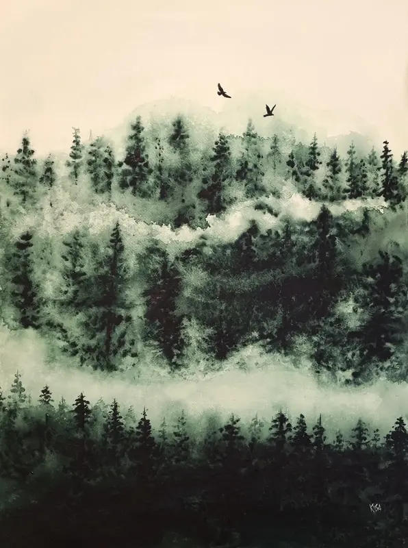 Akvarell Dimskog av Kiba Gustafsson